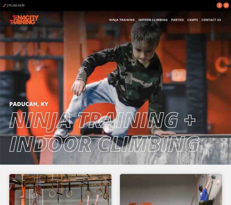 Child navigating an indoor ninja training obstacle course at a climbing gym.