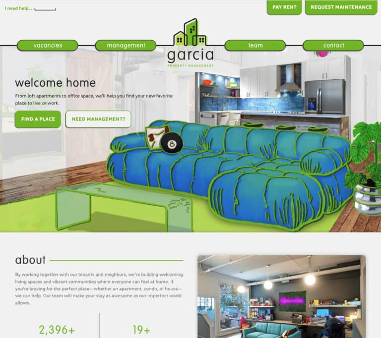 Website homepage for Garcia Property Management with a bright green illustrated couch over a modern apartment background. Navigation bar includes Vacancies, Management, Team, and Contact.
