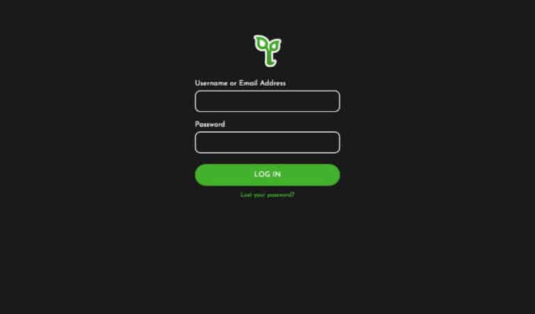 Login page for TPanel with black background, green leaf logo, and fields for username, email, and password.