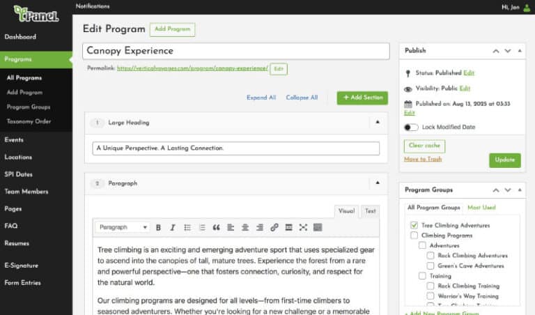 WordPress admin “Edit Program” screen for “Canopy Experience,” showing content sections including a large heading and paragraph editor, along with publish settings and program group selection.