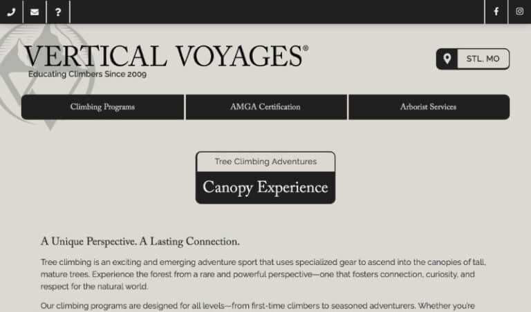 Vertical Voyages website page for “Canopy Experience,” featuring navigation for climbing programs, certification, and arborist services, with a headline and introductory description about tree climbing.